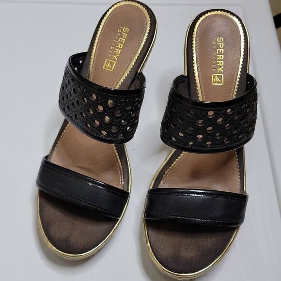 Sperry Top Sider Leather Wedges Eyelet Sisal Rope Slide On Sandals Tan Brown - Picture 2 of 16